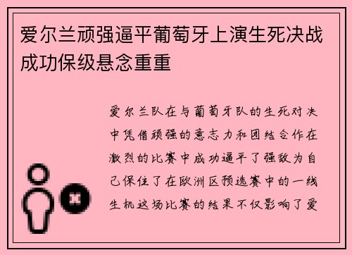 爱尔兰顽强逼平葡萄牙上演生死决战成功保级悬念重重 爱尔兰顽强逼平葡萄牙上演生死决战成功保级悬念重重