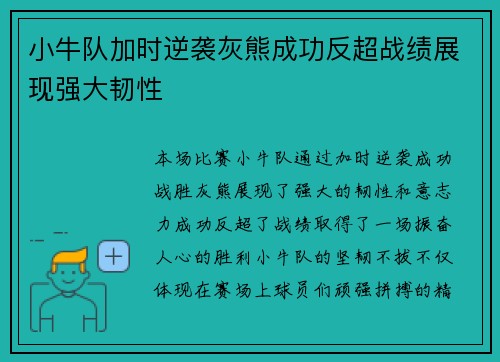 小牛队加时逆袭灰熊成功反超战绩展现强大韧性 小牛队加时逆袭灰熊成功反超战绩展现强大韧性